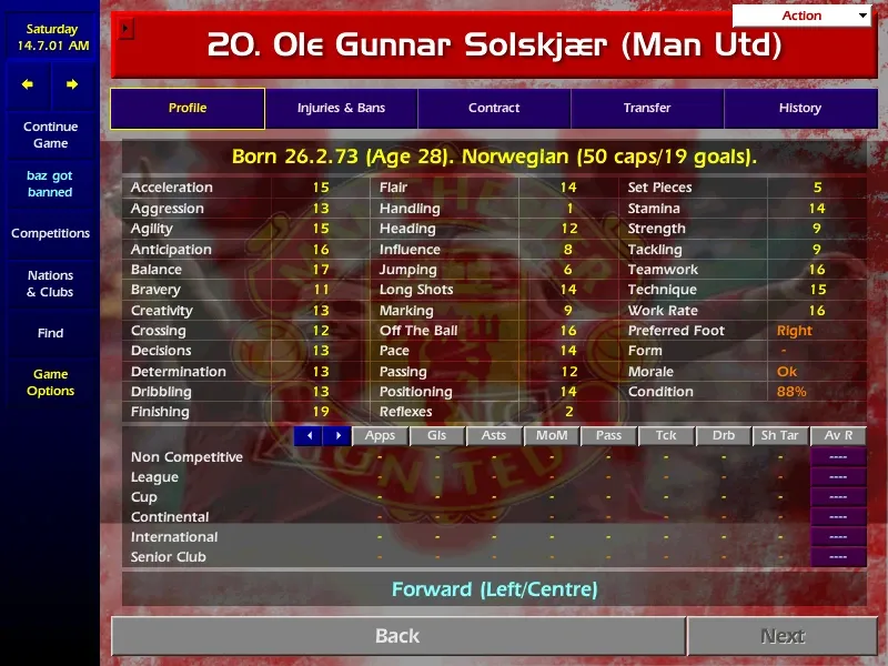 Original Championship Manager 01/02 in-game profile screenshot of Ole Gunnar Solskjær (Man Utd)