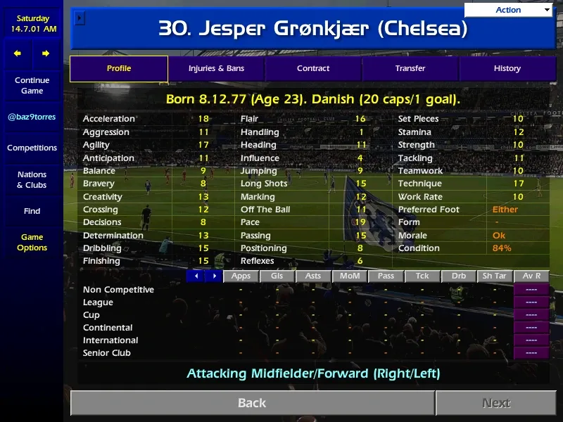Original Championship Manager 01/02 in-game profile screenshot of Jesper Grønkjær (Chelsea)