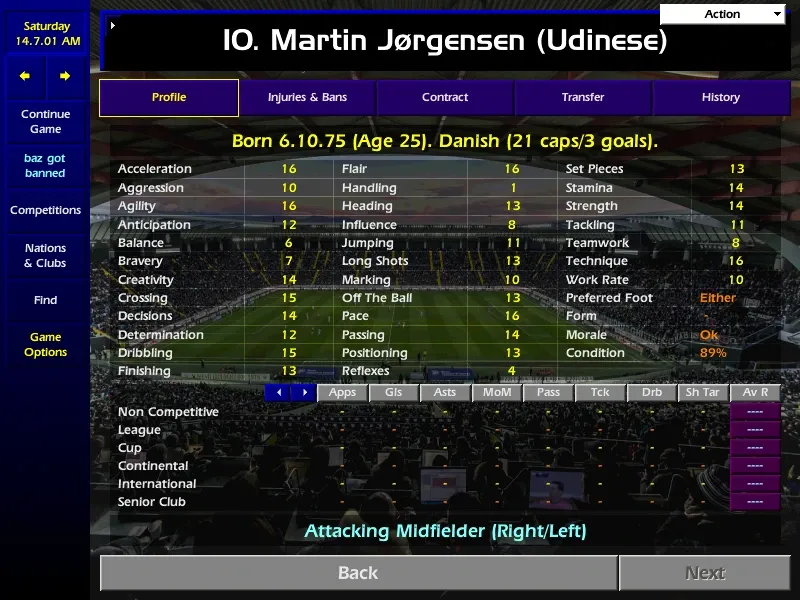 Original Championship Manager 01/02 in-game profile screenshot of Martin Jørgensen (Udinese)