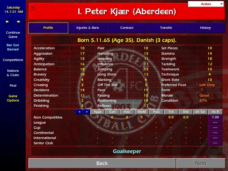 Original Championship Manager 01/02 in-game profile screenshot of Peter Kjær (Aberdeen)