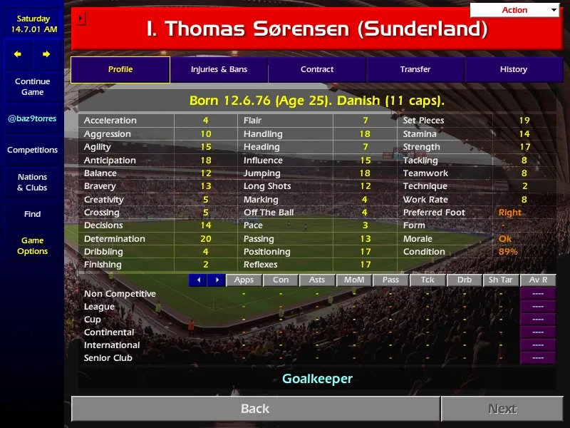 Original Championship Manager 01/02 in-game profile screenshot of Thomas Sørensen (Sunderland)