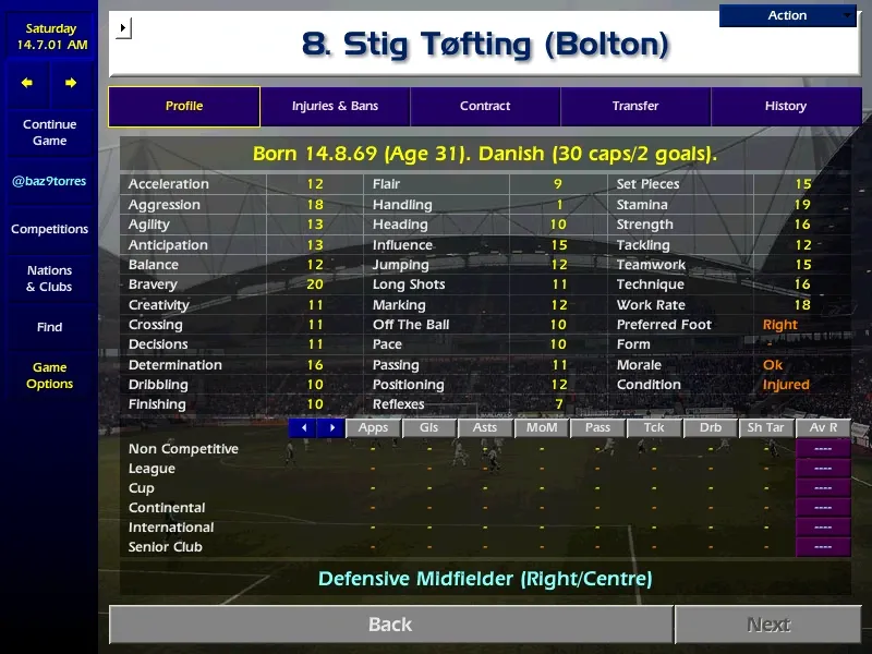 Original Championship Manager 01/02 in-game profile screenshot of Stig Tøfting (Bolton)