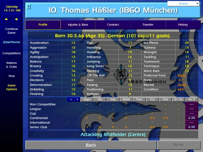 Original Championship Manager 01/02 in-game profile screenshot of Thomas Häßler (1860 München)