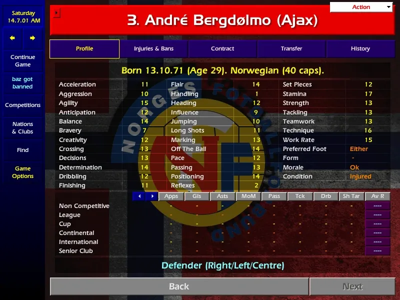 Original Championship Manager 01/02 in-game profile screenshot of André Bergdølmo (Ajax)
