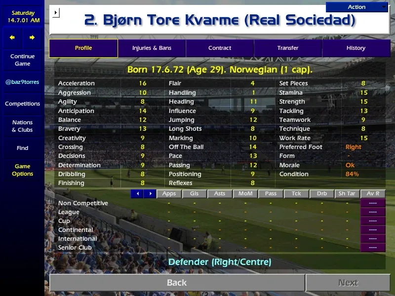 Original Championship Manager 01/02 in-game profile screenshot of Bjørn Tore Kvarme (Real Sociedad)